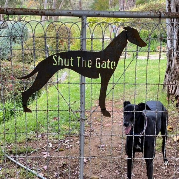 Greyhound Shut the Gate Dog Sign